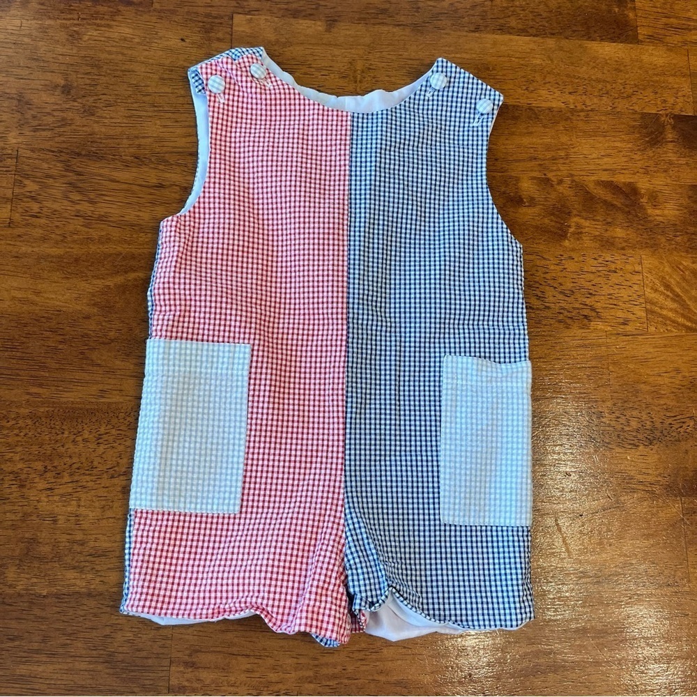 Zuccini kids plaid gingham patchwork shortall one piece red blue size 12 months